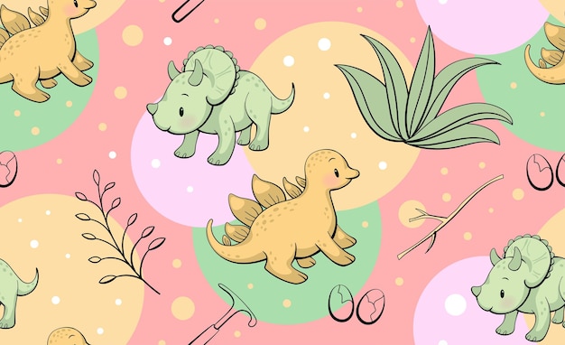 Modello senza cuciture con simpatico dinosauro stegosauro e triceratopo in stile kawaii vettoriale