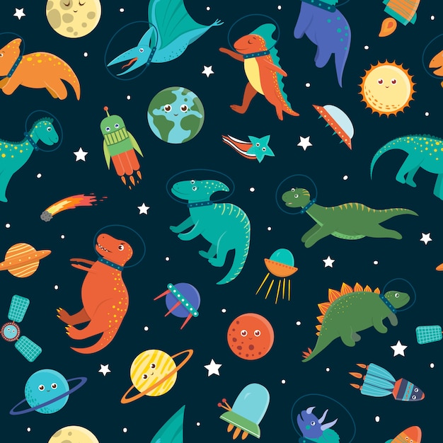 우주 공간에서 귀여운 공룡으로 완벽 한 패턴입니다. 재미 평면 우주 디노 문자 배경. 귀여운 선사 시대 파충류 그림