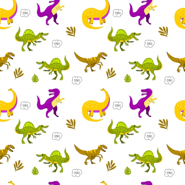 Vector seamless pattern with cute dinosaurs plants suitable for childrens wallpapers packaging textiles vec