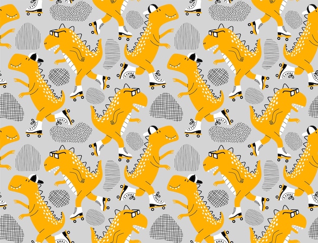 Seamless pattern with cute dinosaurs on roller skater.