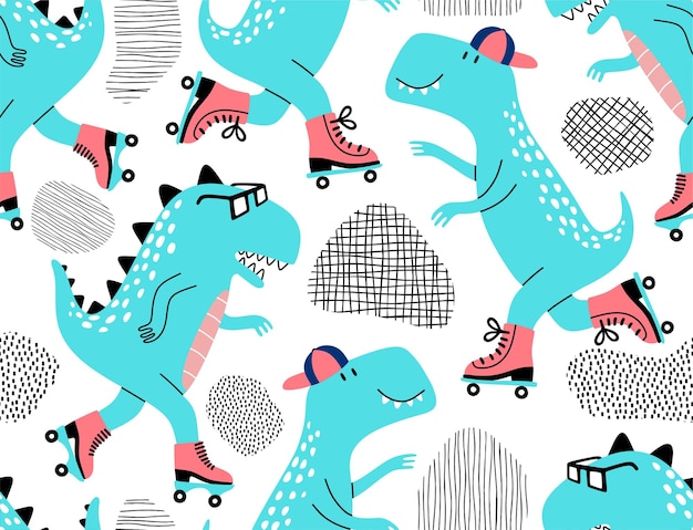 Бесшовный рисунок с милыми динозаврами на роликовых коньках.
