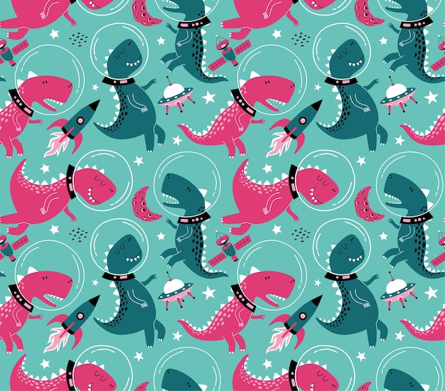 Seamless pattern with cute dinosaurs in space.