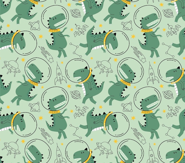 Seamless pattern with cute dinosaurs in space.