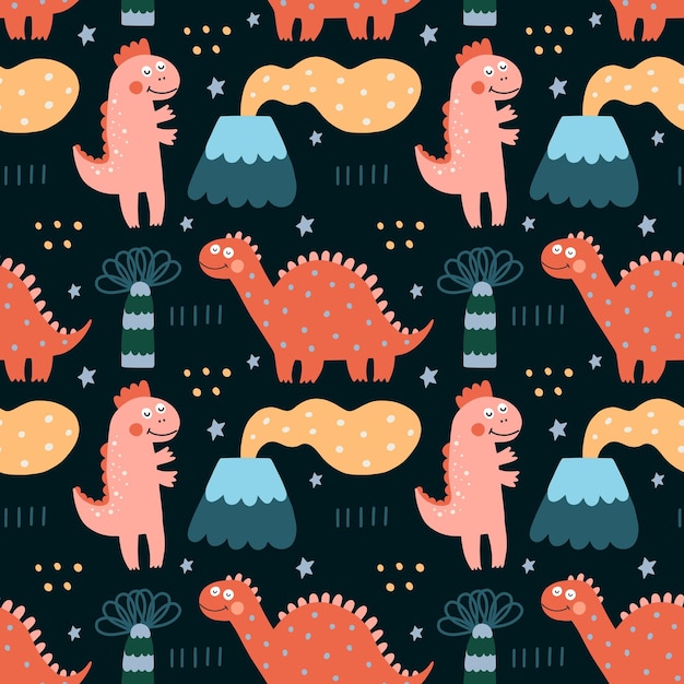 아이들을 위한 귀여운 공룡 벡터 일러스트와 함께 매끄러운 패턴