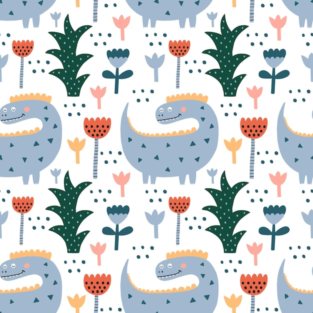 Seamless pattern with cute dinosaurs Vector illustration for kids