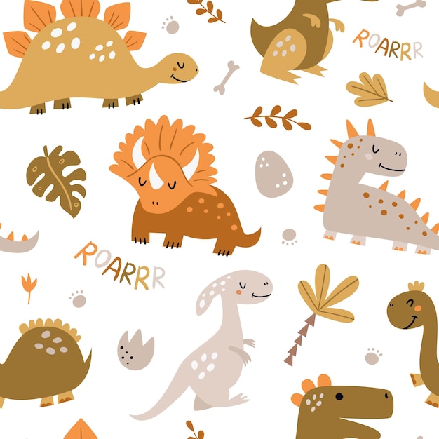 Seamless pattern with cute dinosaurs