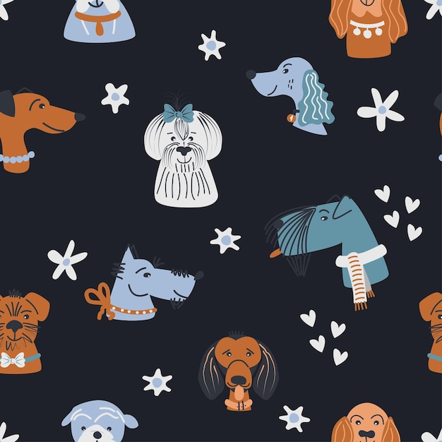 Seamless pattern with cute dog portraits and flowers. vector illustration.