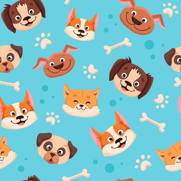 Seamless pattern with cute dogs of different breed Colorful childish blue texture with pets