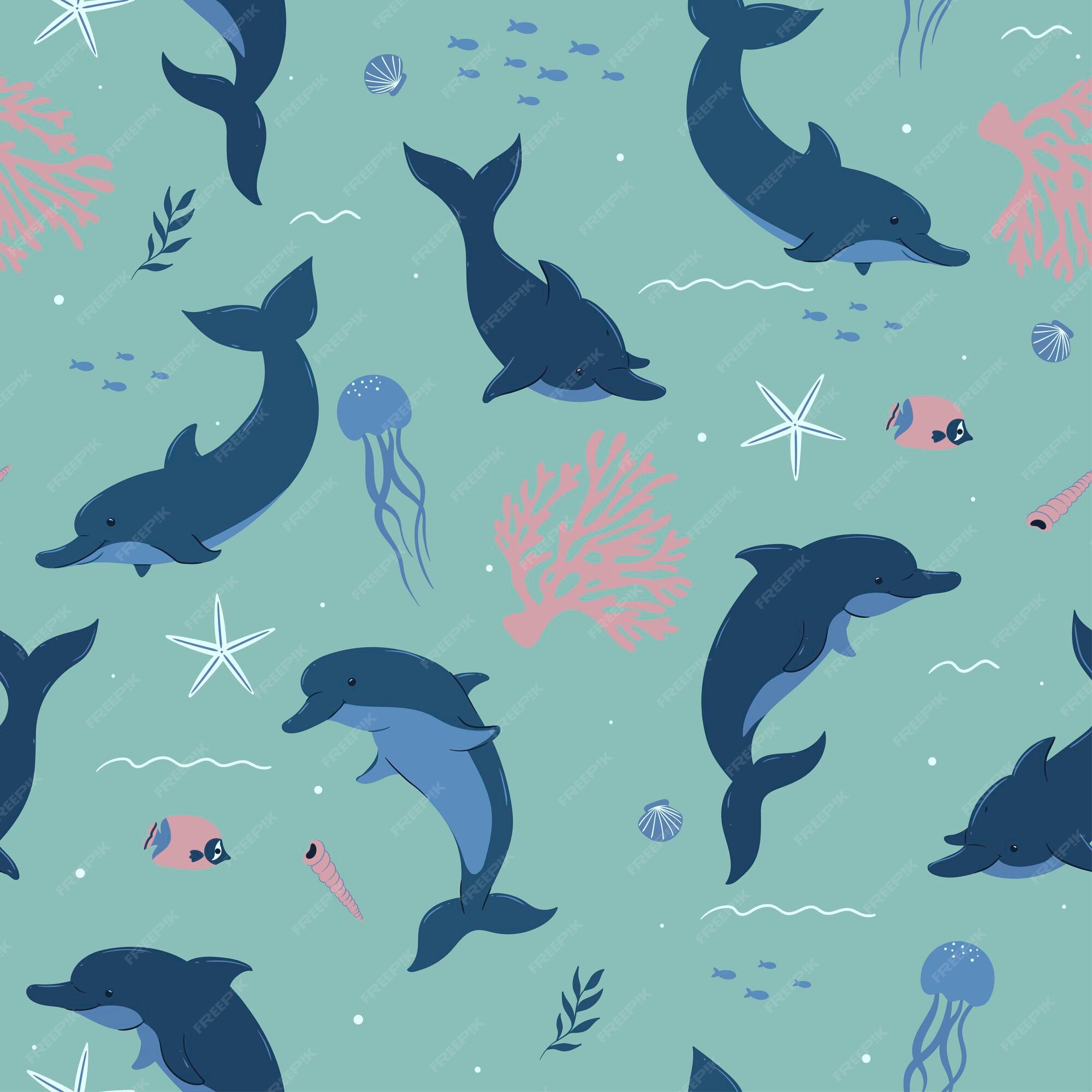 Premium Vector | Seamless pattern with cute dolphins and marine life.  vector graphics.