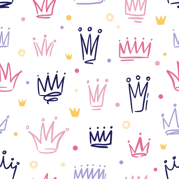 Seamless pattern with cute doodle queen or princess crowns in childish style. Hand drawn girly background with royal symbols. Vector cartoon illustration isolated on white.