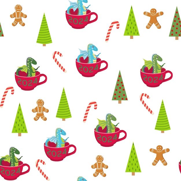Seamless pattern with cute dragons Christmas design Chinese New Year background with dragons for 2024