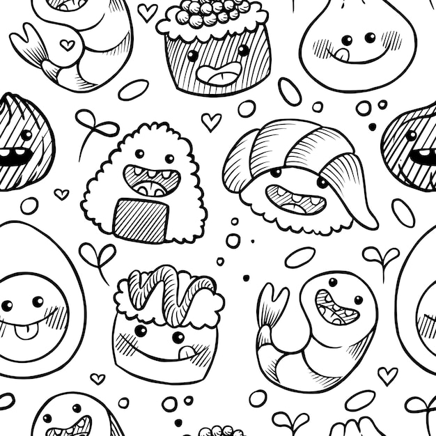 Seamless pattern with cute drawings of asian cuisine. japanese food. funny smiling characters, kawai