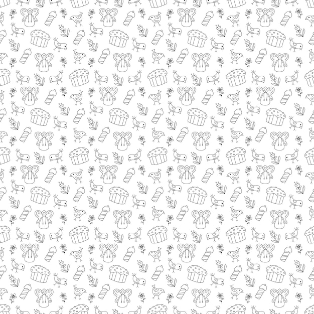 Seamless pattern with cute Easter angels Easter cakes and candles Doodle vector illustration