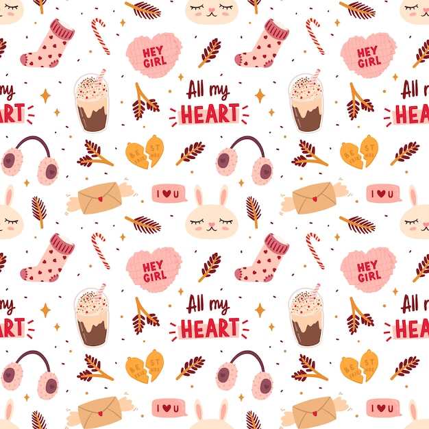 Seamless pattern with cute elements in Romantic Style. 