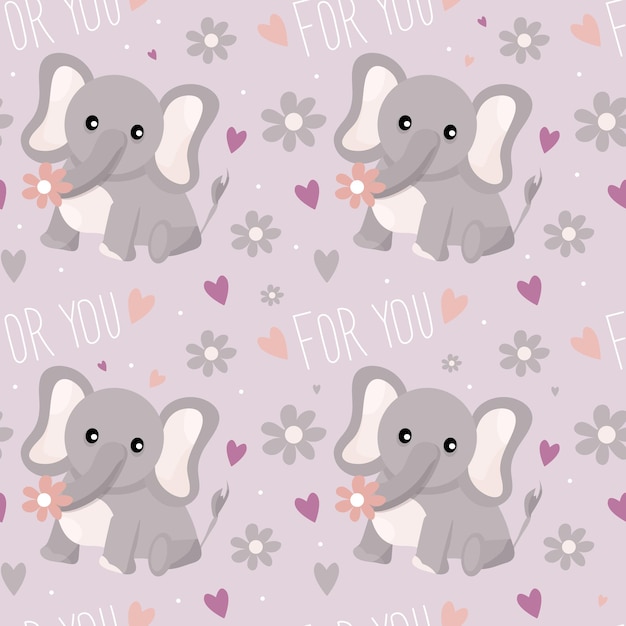 Seamless pattern with cute elephant and flowers