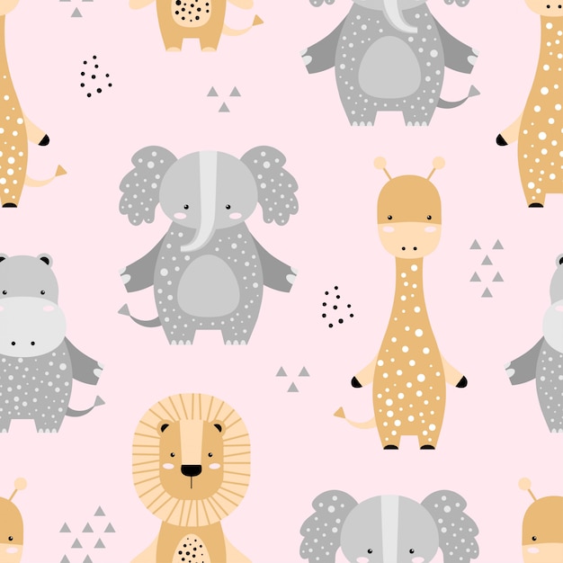 Seamless pattern with cute elephant, lion, giraffe, hippo