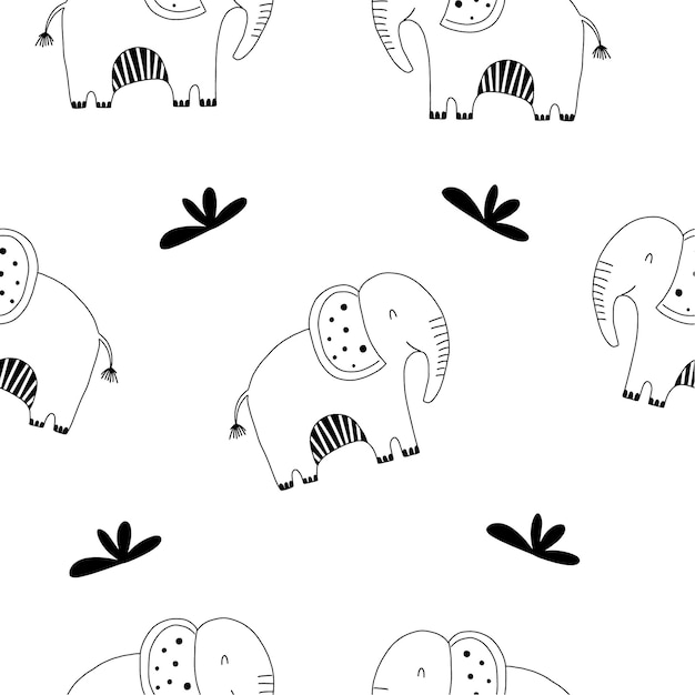 Vector seamless pattern with cute elephant on white background vector illustration in doodle style can be used for wrapping paper fabric textile wrapping paper fabric textile etc