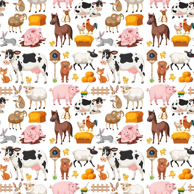 Vector seamless pattern with cute farm animals on white background