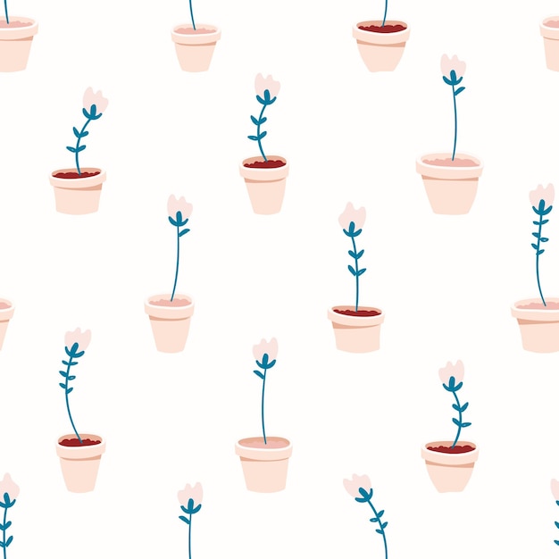 Seamless pattern with cute flower pots Home garden repeating background Hand drawn illustration