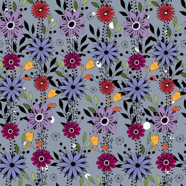 seamless pattern with cute flowers and sprigs