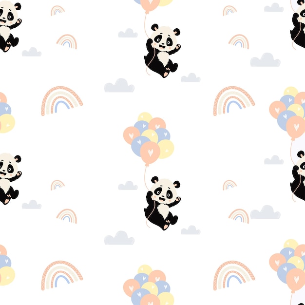 Seamless pattern with cute flying panda on balloons with clouds and rainbow kids collection