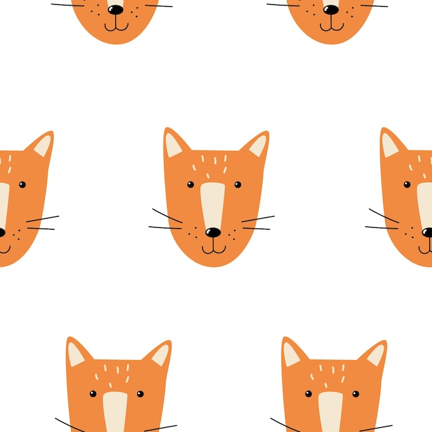 Seamless pattern with cute fox face in hand drawn scandinavian style. Vector illustration