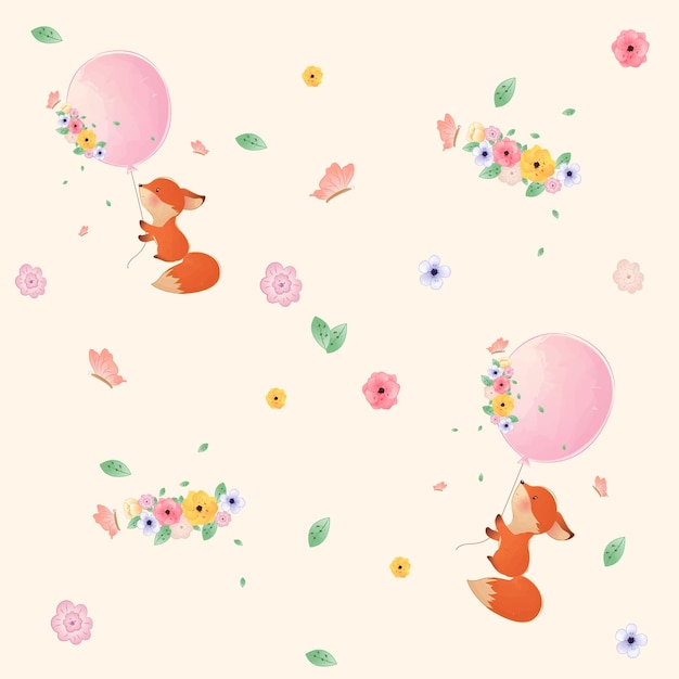 seamless pattern with cute fox and flowers