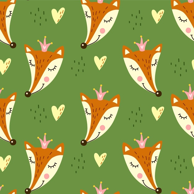 Vector seamless pattern with cute fox princess in cartoon style
