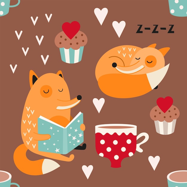 Seamless pattern with cute fox sleeping fox reading fairy tale