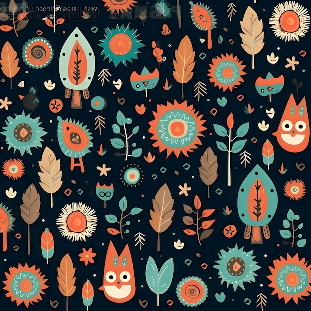 Seamless pattern with cute foxes and flowers Vector illustration