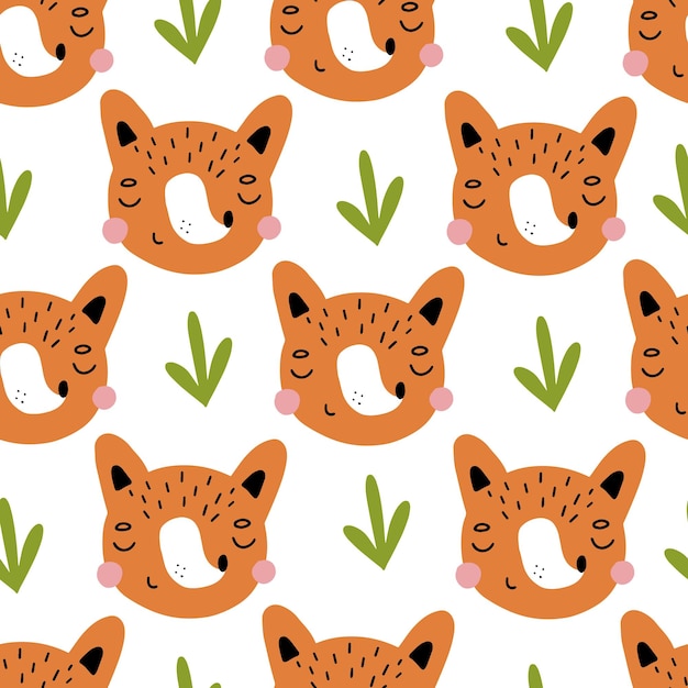 Seamless pattern with cute foxes in the forest Vector illustration isolated on white background for