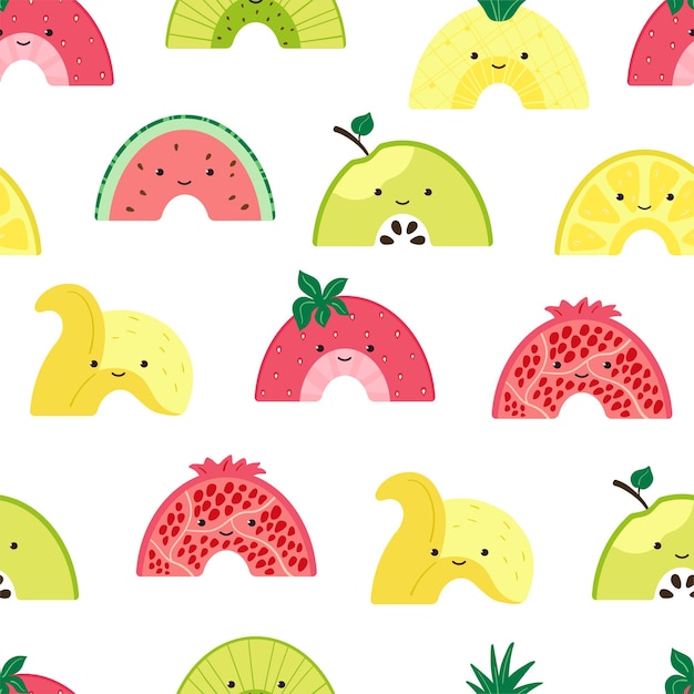 Seamless pattern with cute fruit rainbow. background with colorful fruits characters. illustration with slices summer fruits for wallpaper, fabric, textile, wrapping paper design. vector