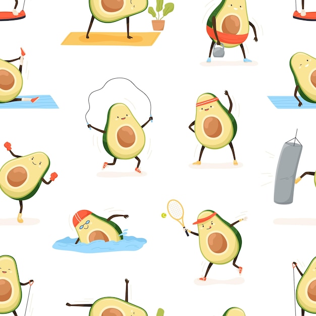 Seamless pattern with cute and funny avocado exercising on white background. Endless repeatable cartoon texture with happy strong fruit during workout. Colored flat vector illustration for printing.