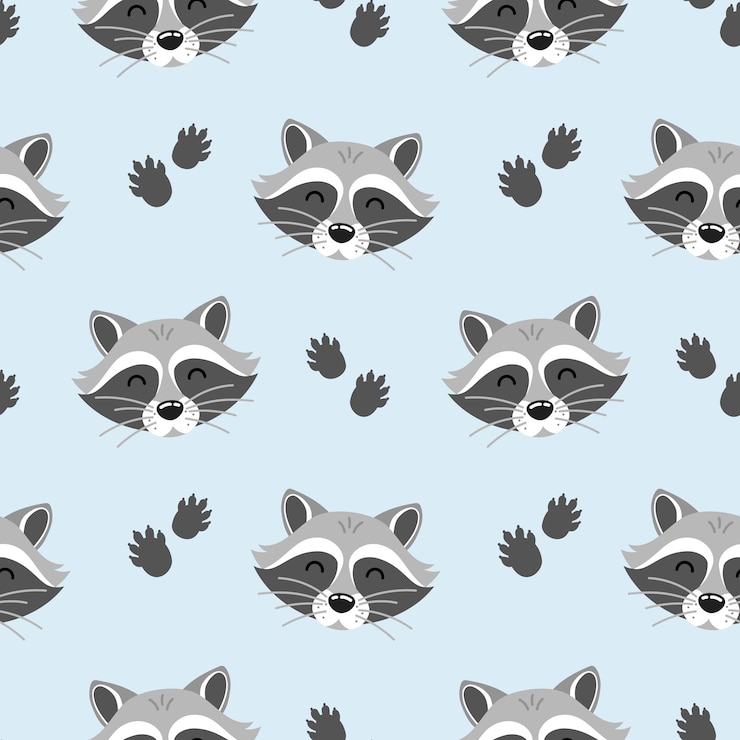 Vector seamless pattern with cute funny cartoon raccoon head and paws in flat style on blue background