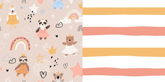 Seamless pattern with cute funny little ballerina bears polar grizzly panda sloth koala Vector kids illustration Scandinavian style flat design Cartoon children concept