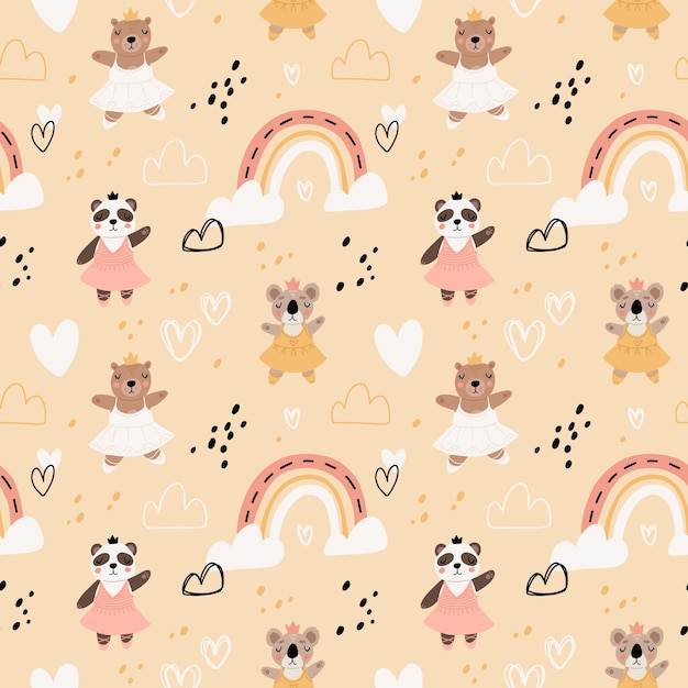seamless pattern with cute funny little ballerina bears polar grizzly panda sloth koala vector kids illustration scandinavian style flat design cartoon children concept