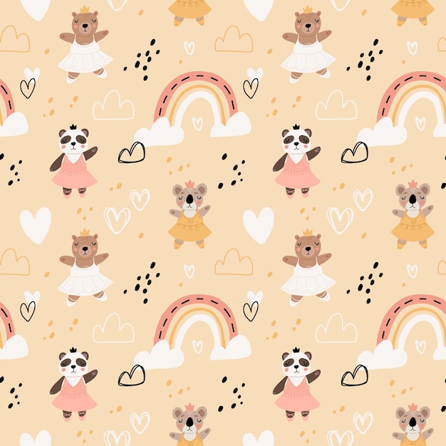 Seamless pattern with cute funny little ballerina bears polar grizzly panda sloth koala Vector kids illustration Scandinavian style flat design Cartoon children concept