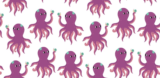 Vector seamless pattern with cute funny octopus holds a snail in a tentacle.