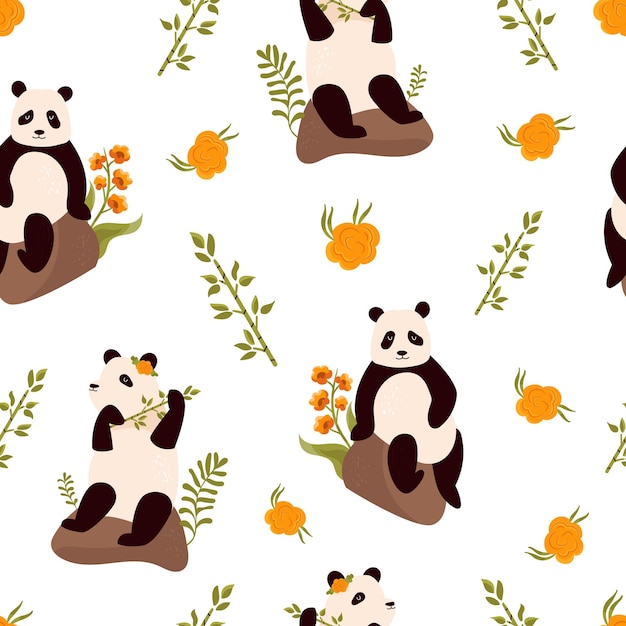 Seamless pattern with cute funny pandas