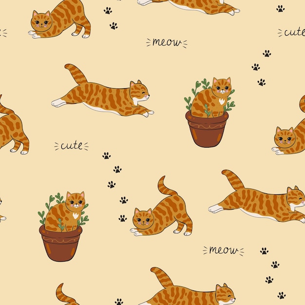 귀여운 생강 고양이와 원활한 패턴 벡터 그래픽