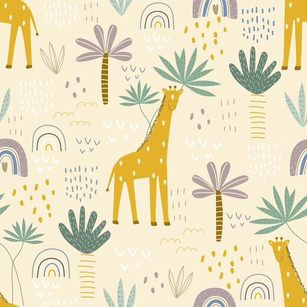 Modello senza cuciture con una giraffa carina su uno sfondo colorato illustrazione vettoriale