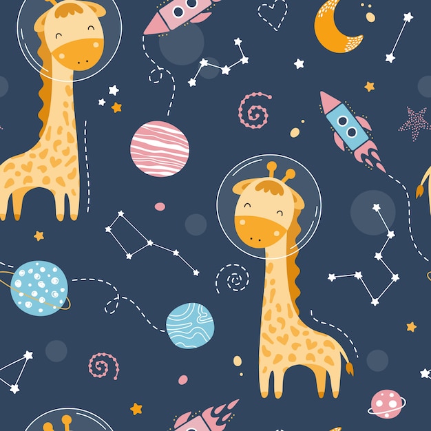 Seamless pattern with cute giraffe in space