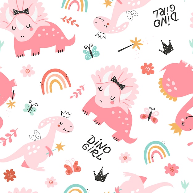 Seamless pattern with cute girl dinosaurs
