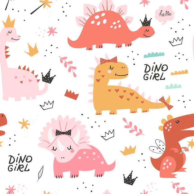 Seamless pattern with cute girl dinosaurs