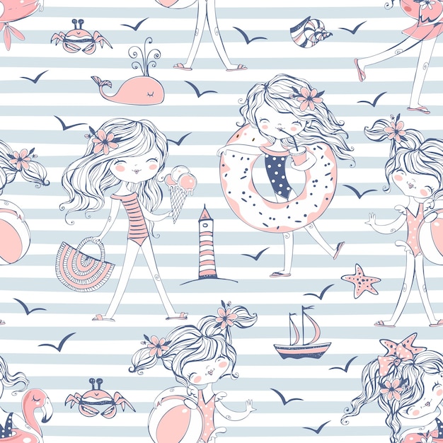 Seamless pattern with cute girls in swimsuits on the sea beach Striped background Vector