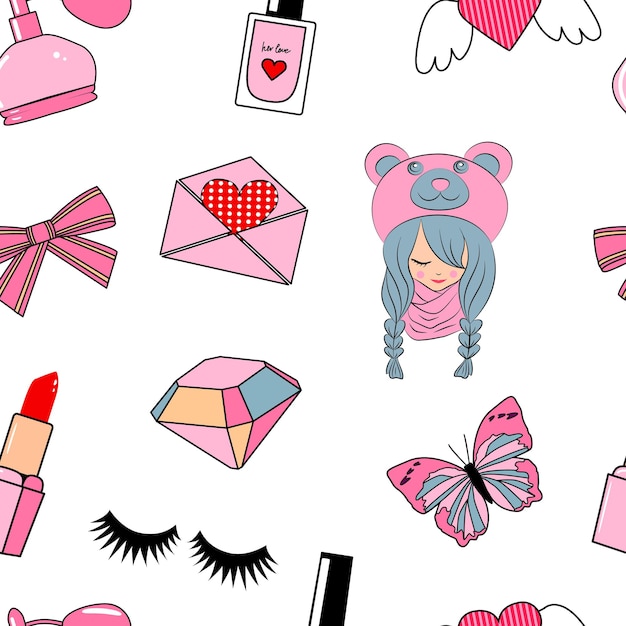 Seamless pattern with cute girly pink stickers on white background vector