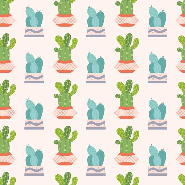 Seamless pattern with cute green cacti with thorns in flowerpots. Plants and nature, house plants.