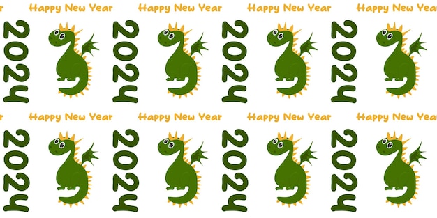 Seamless pattern with cute green Dragon Happy New Year 2024 Vector