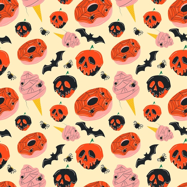 Seamless pattern with cute halloween cupcakes, ice cream, donut cartoon characters. Vector