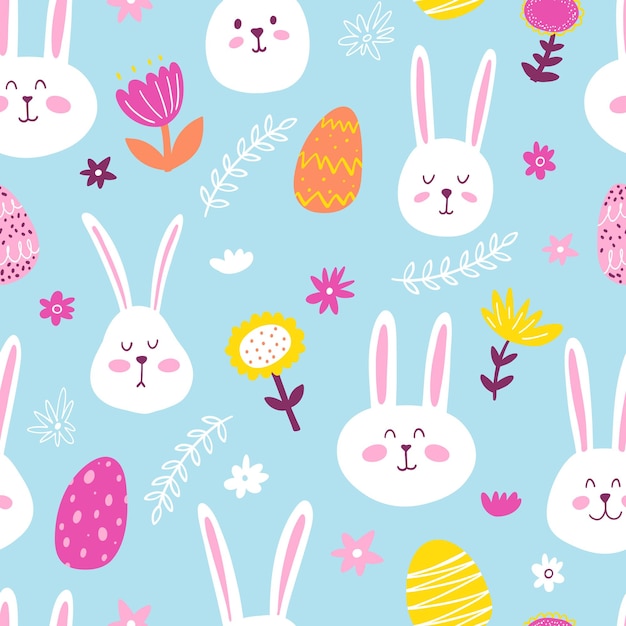 Seamless pattern with cute hand drawn bunnies and flower meadow Vector Easter kids background with rabbits plants and eggs for wrapping paper textile card banner wallpaper